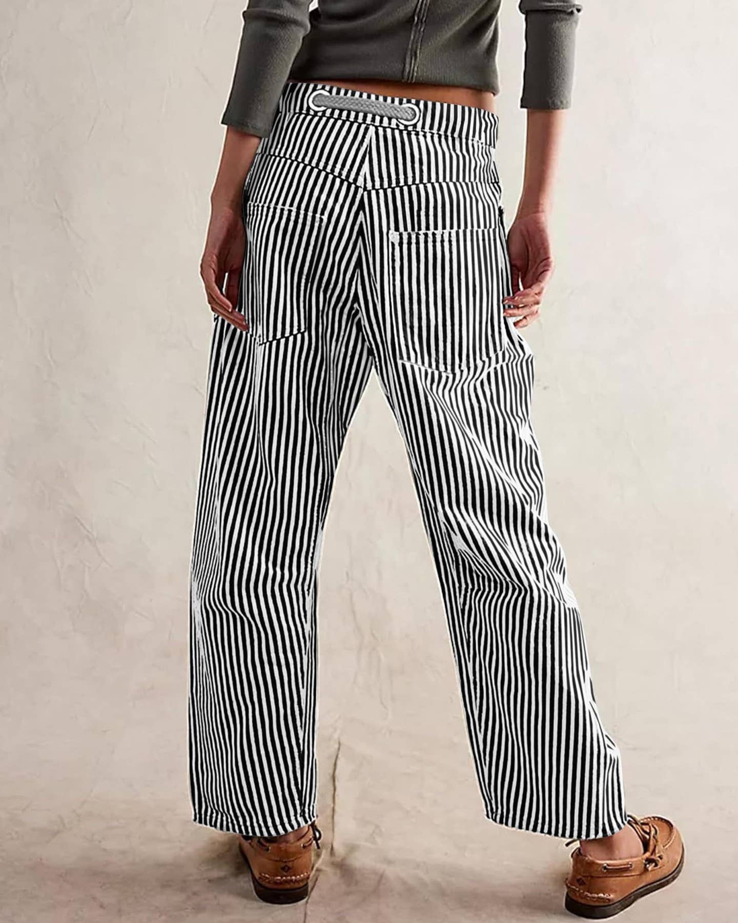 Mid-Rise Casual Striped Drawstring Wide-Leg Pants