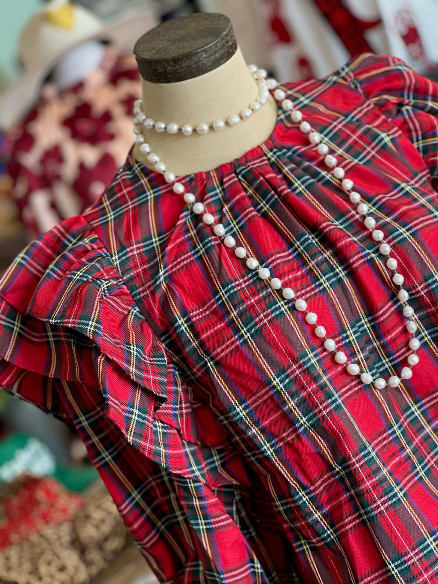 Rosa Clothing - Christmas red & green plaid ruffle Balloon Sleeve blouse
