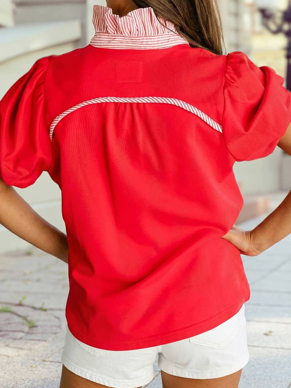 Striped Frilled Collar Short Sleeve Top
