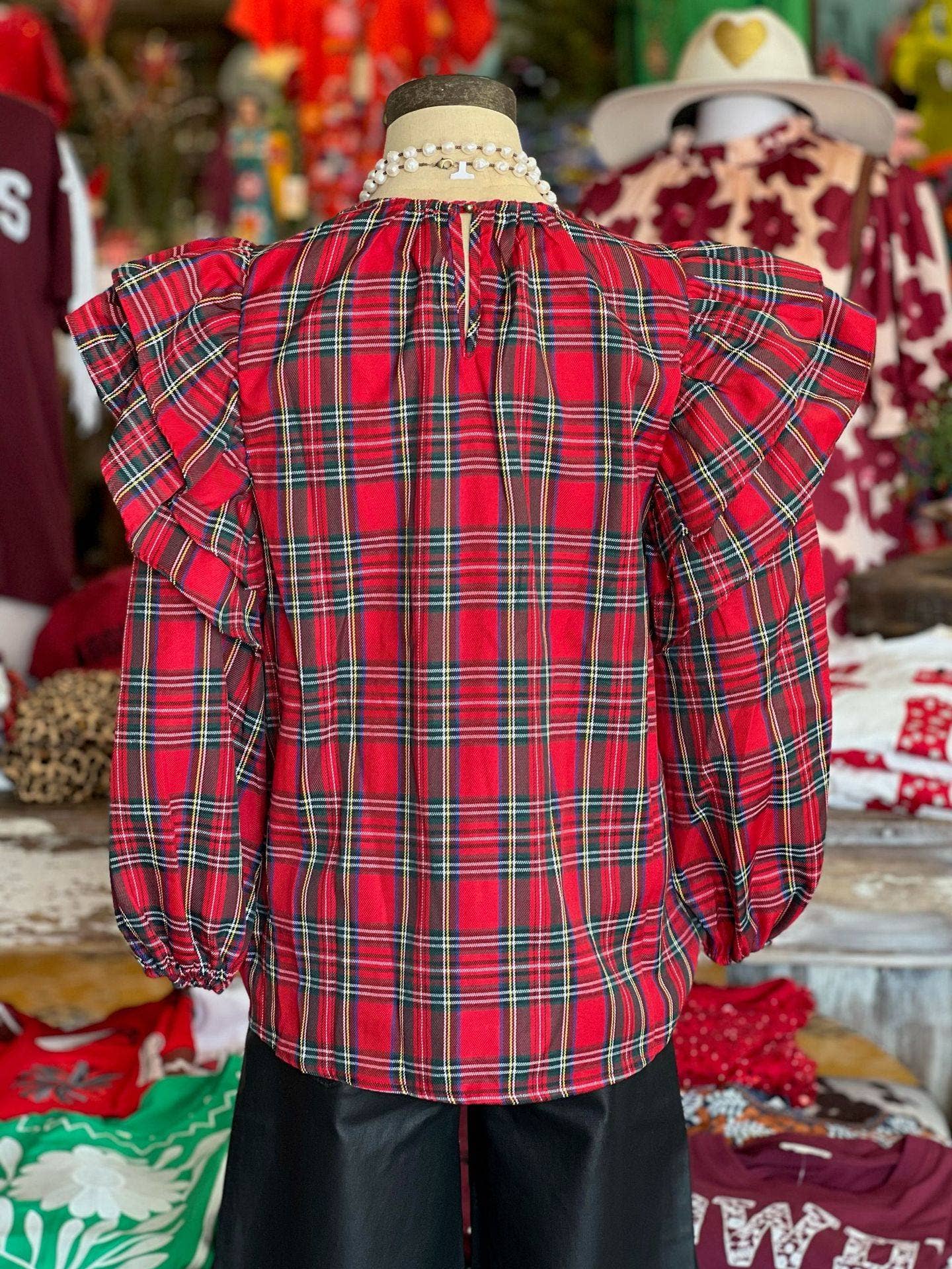 Rosa Clothing - Christmas red & green plaid ruffle Balloon Sleeve blouse