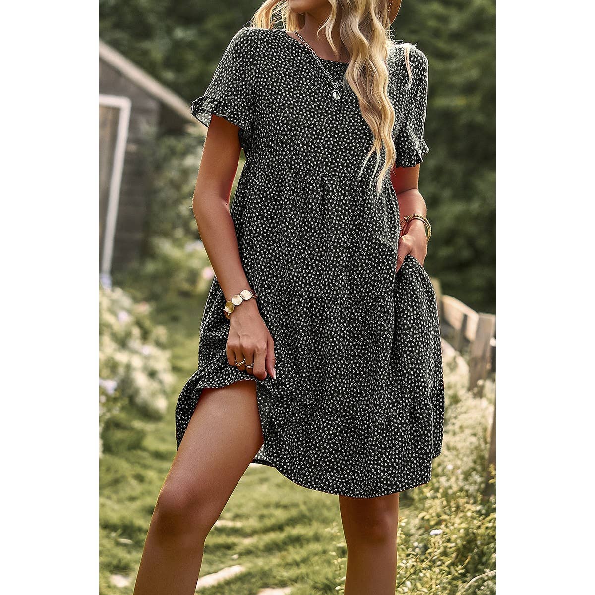 Floral Dot Ruffle Loss Fit Babydoll Dress