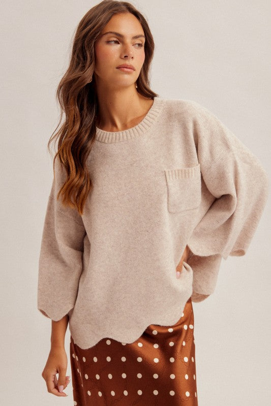 SCALLOPED EDGE KNIT SWEATER - OATMEAL