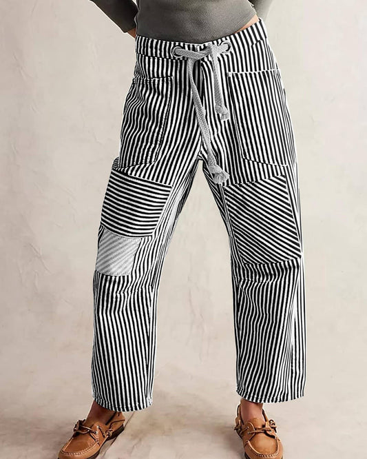 Mid-Rise Casual Striped Drawstring Wide-Leg Pants
