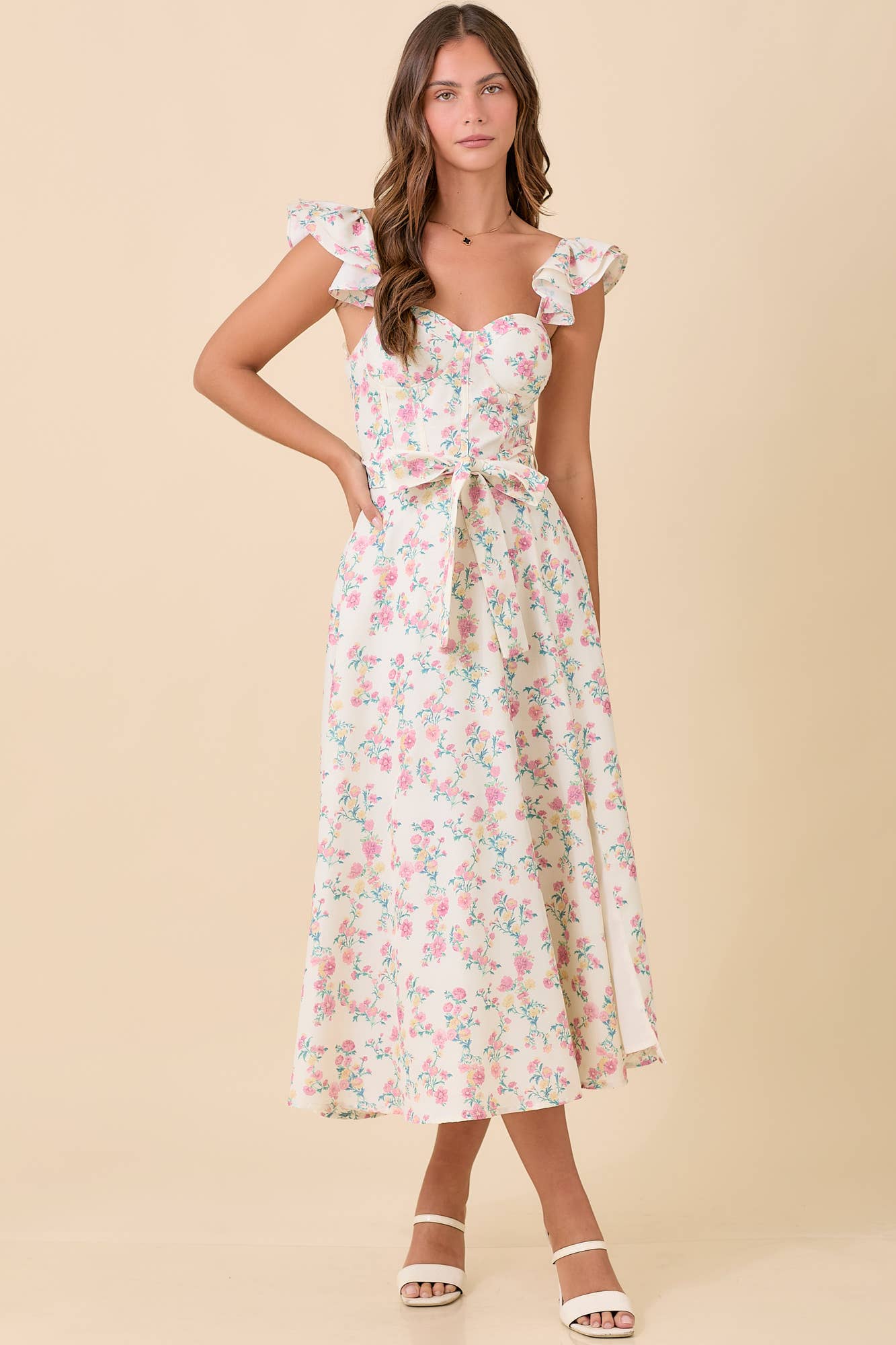 Floral Printed Ruffle Sleeve Midi Dress