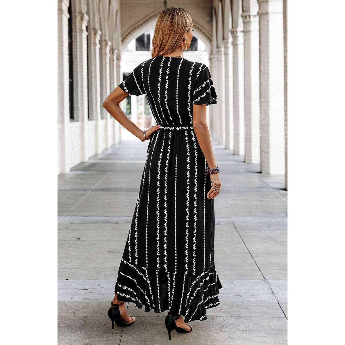Strip Knot Belt Split V Neck Hem Ruffle Fit Dress