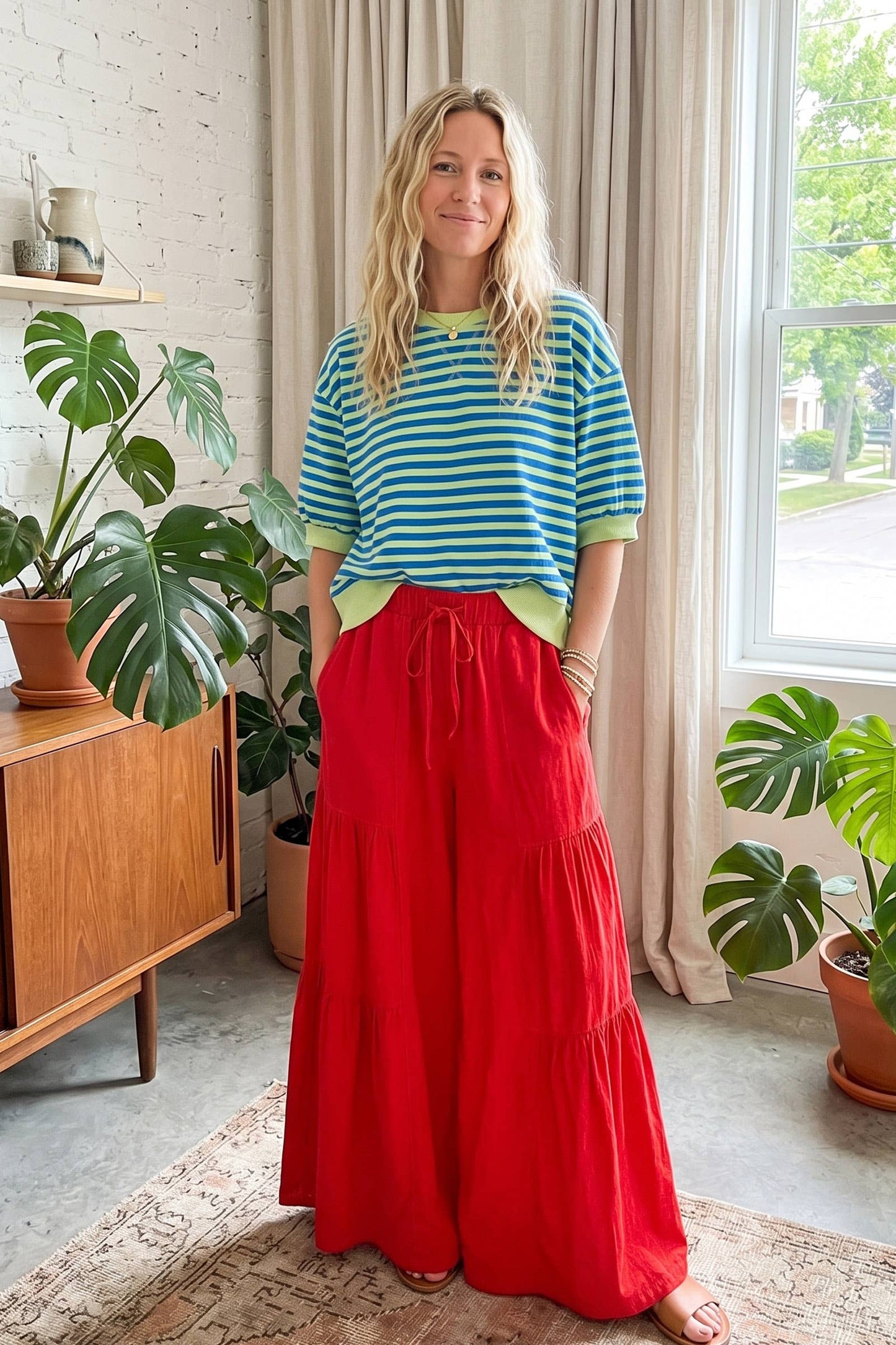 Sewn and Seen - Linen Blend Tiered Wide Leg Palazzo Full Length Pants