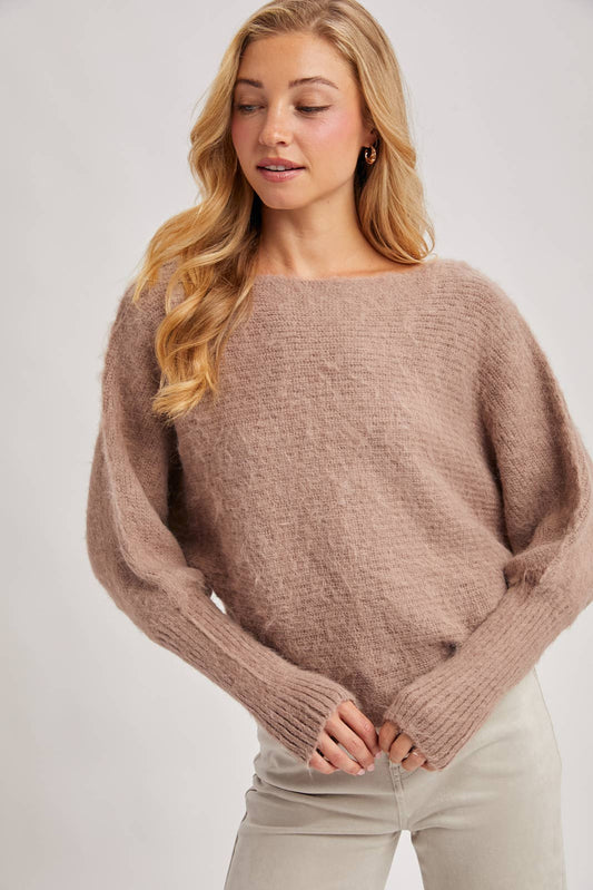 BOAT NECK BRUSHED FUZZY KNIT SWEATER