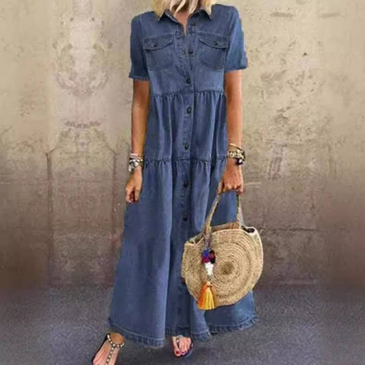 Long Denim Dress with Button Front