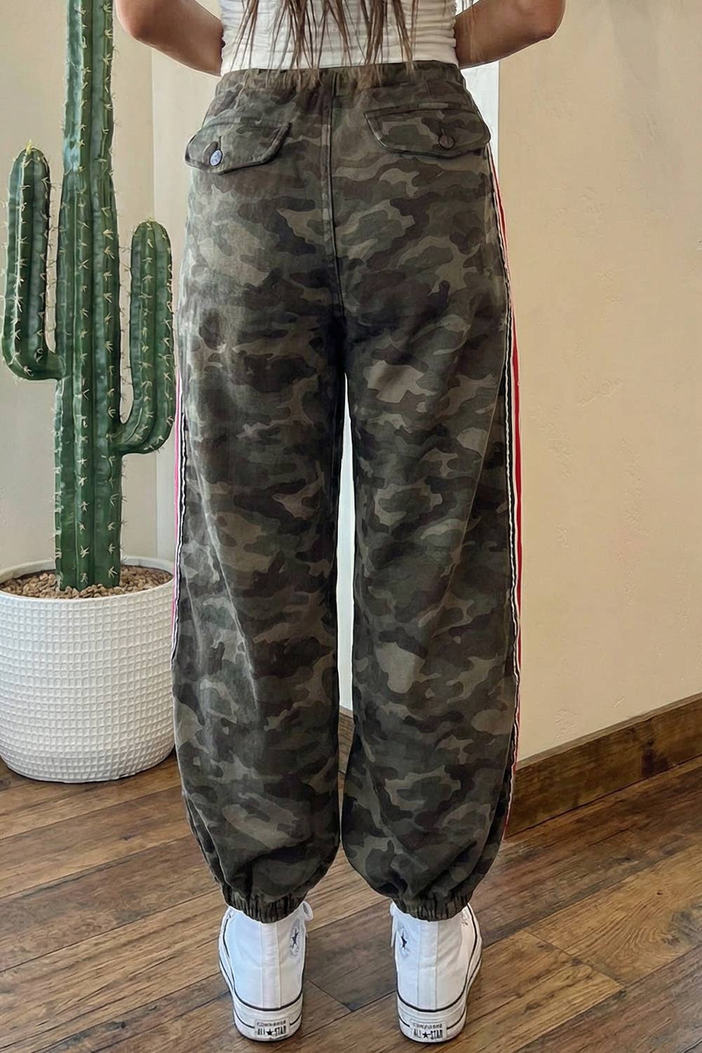 Camouflage Striped Side Panel Patchwork Drawstring Pants