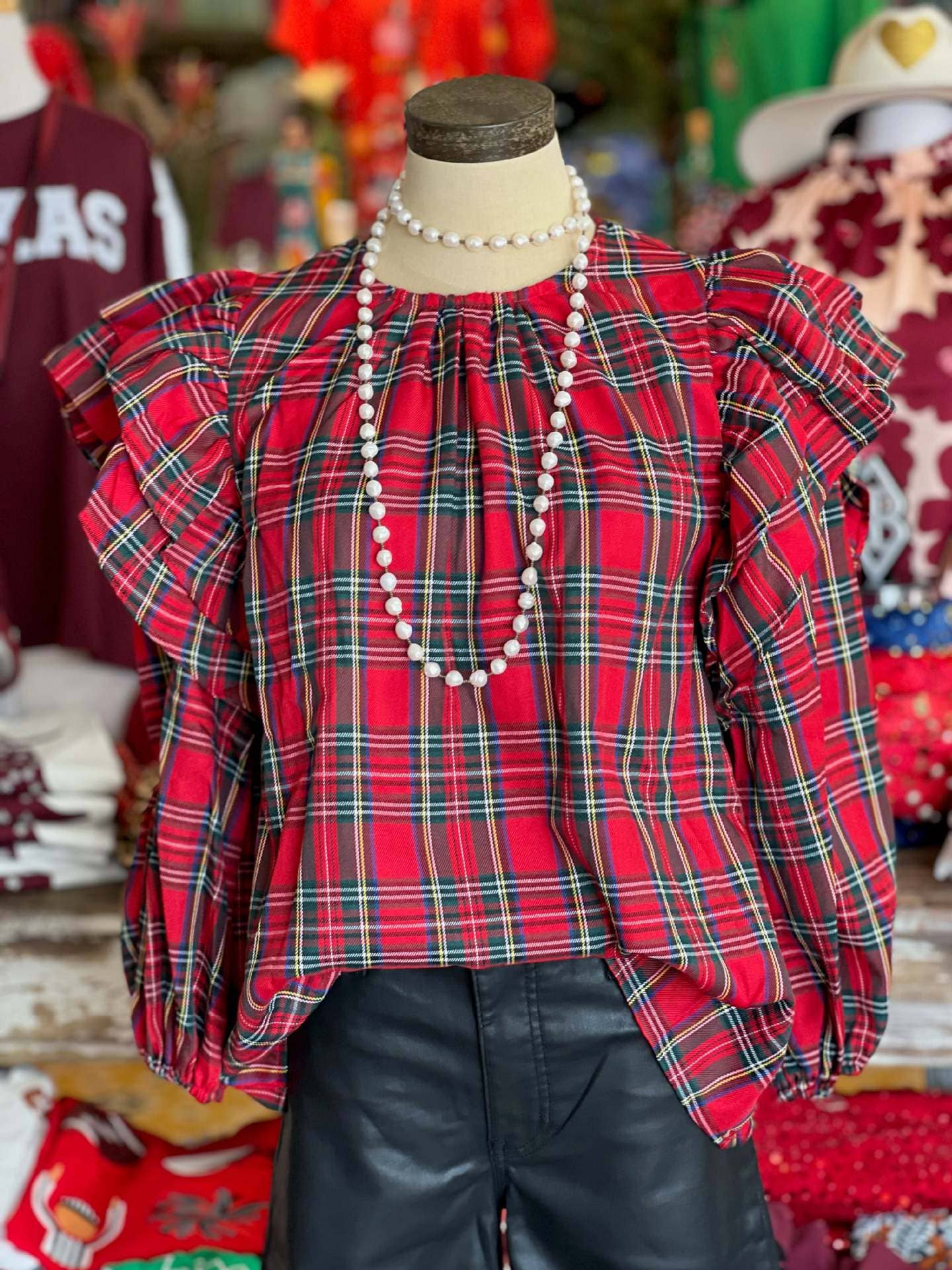 Rosa Clothing - Christmas red & green plaid ruffle Balloon Sleeve blouse