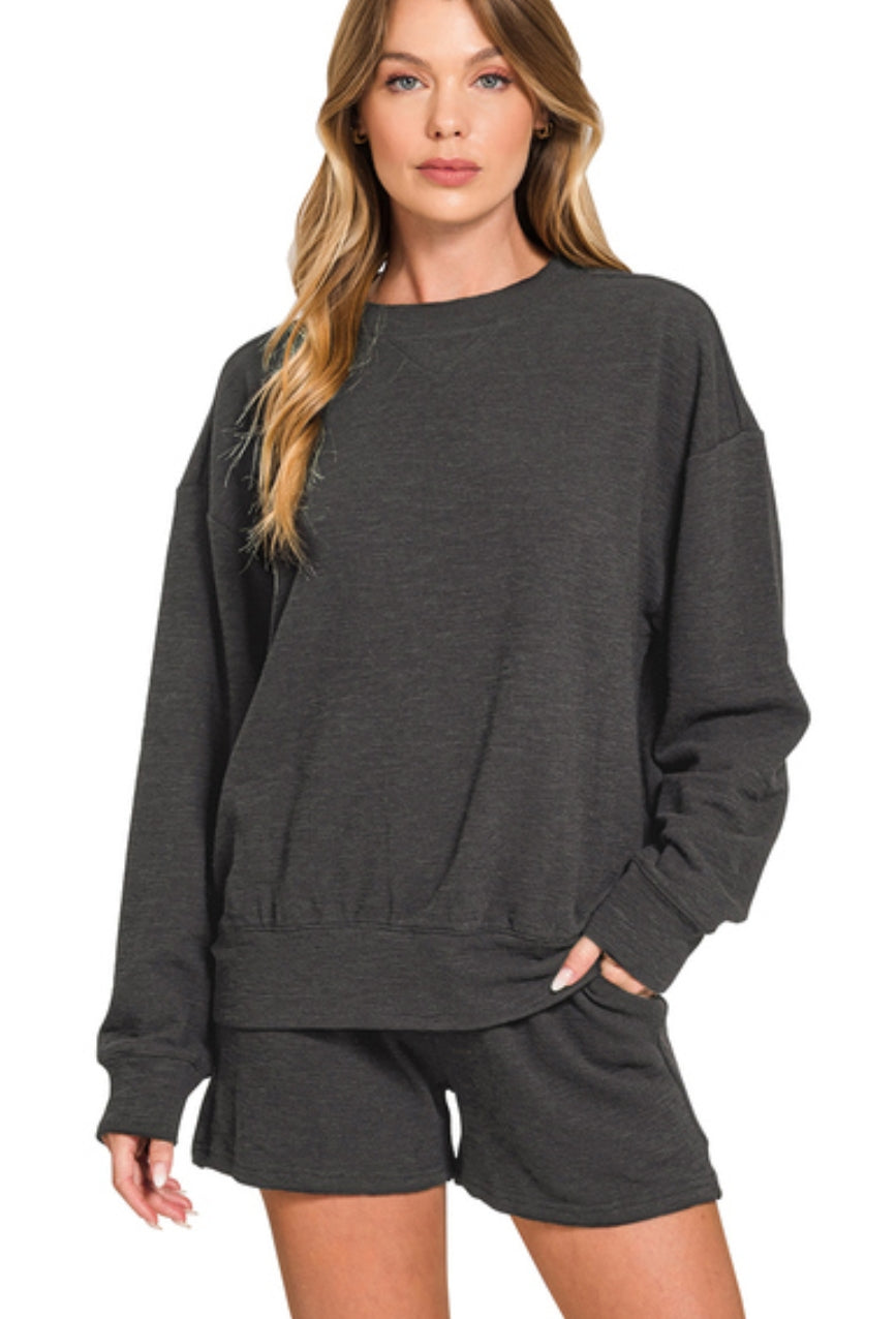 SLUB PULLOVER & SHORTS SET - BLACK