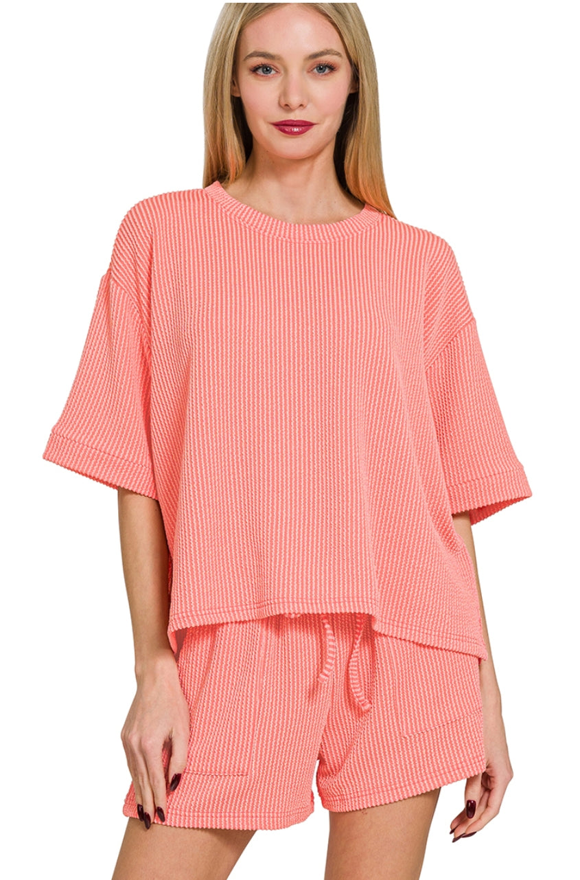 RAISED RIB SHORT SLEEVE TEE & SHORTS SET - CORAL
