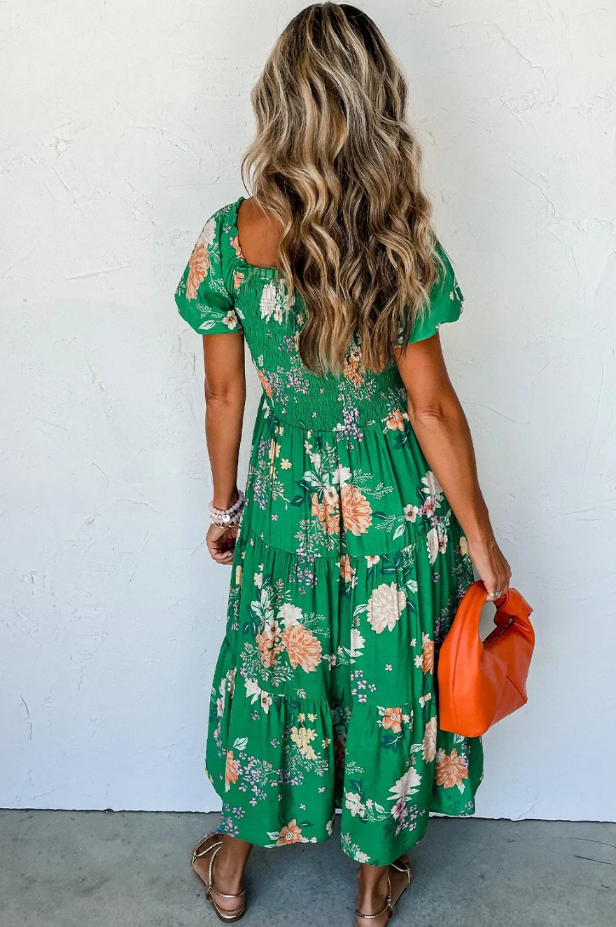 Green Floral Smocked Dress