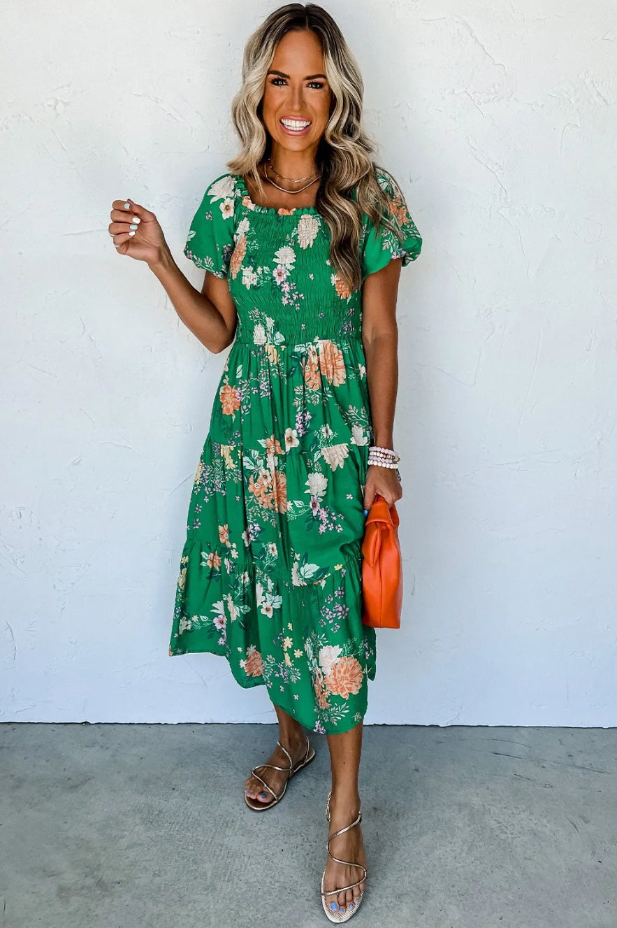 Green Floral Smocked Dress