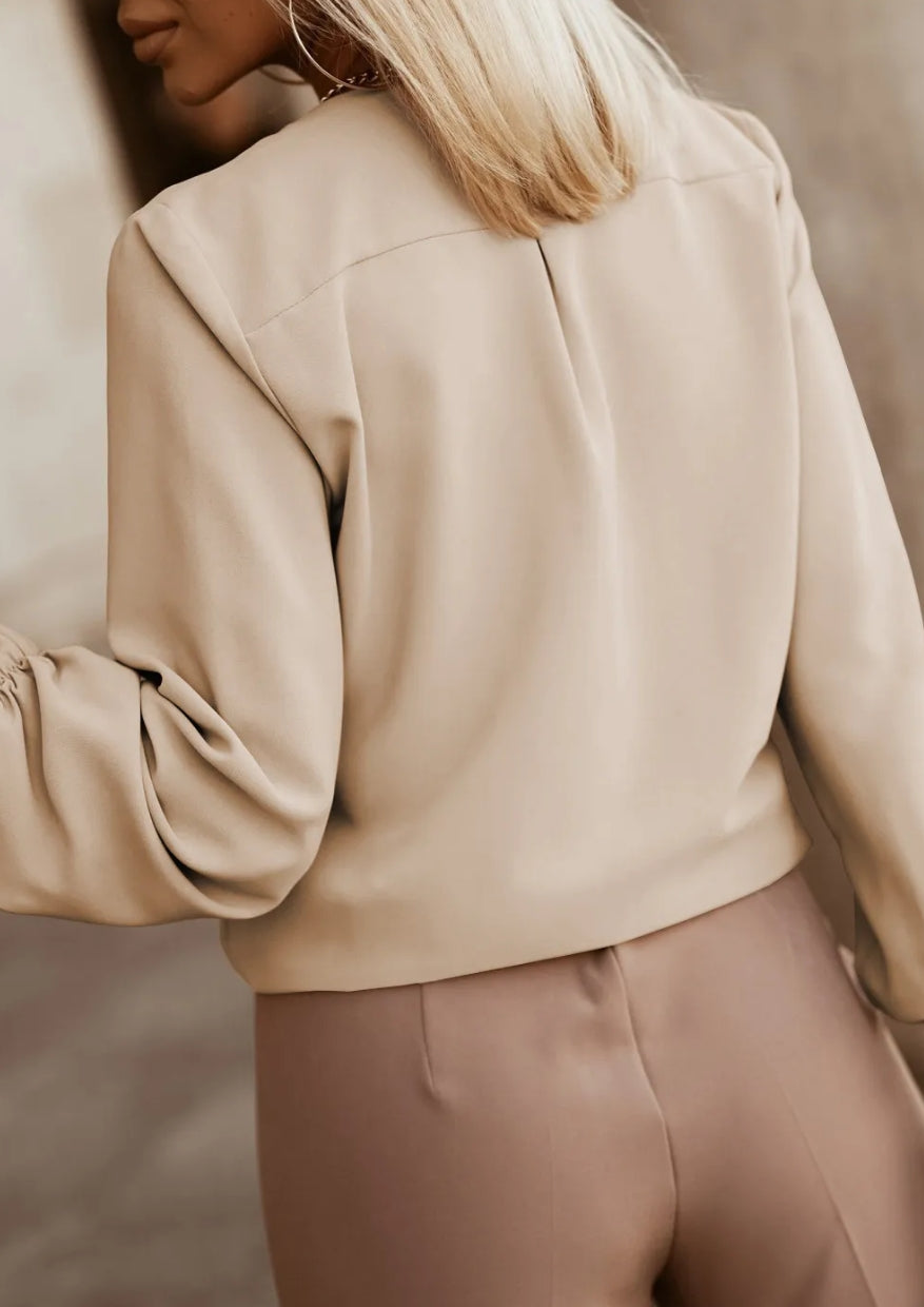 Khaki Crew Neck Gathered Stretch Cuff Shirt