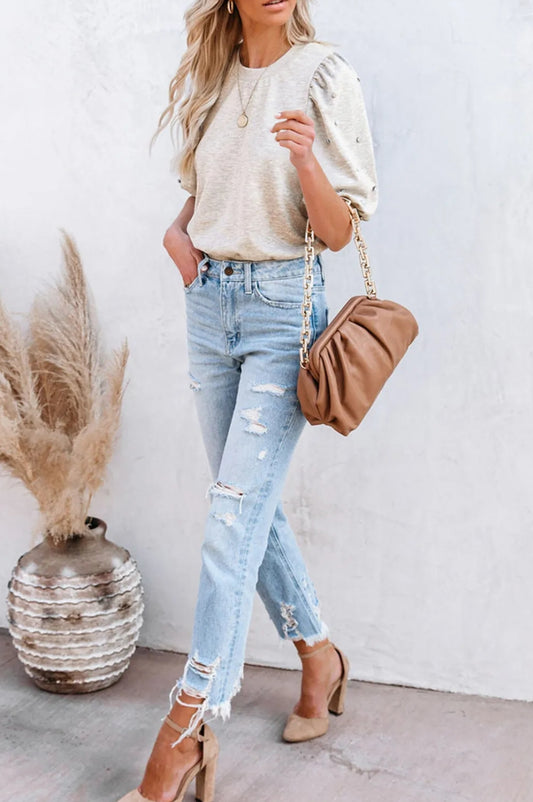 Light Grey Rhinestone Pearl Puff Half Sleeve Top