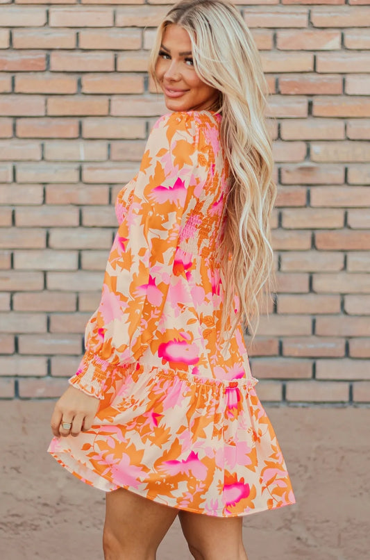 Orange Abstract Print Smocked Lantern Sleeve Ruffle Mini Dress