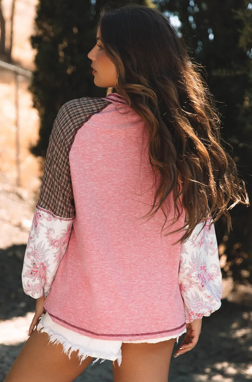 Fushia Mixed Print Raglan Sleeve Ribbed Knit Patchwork Blouse
