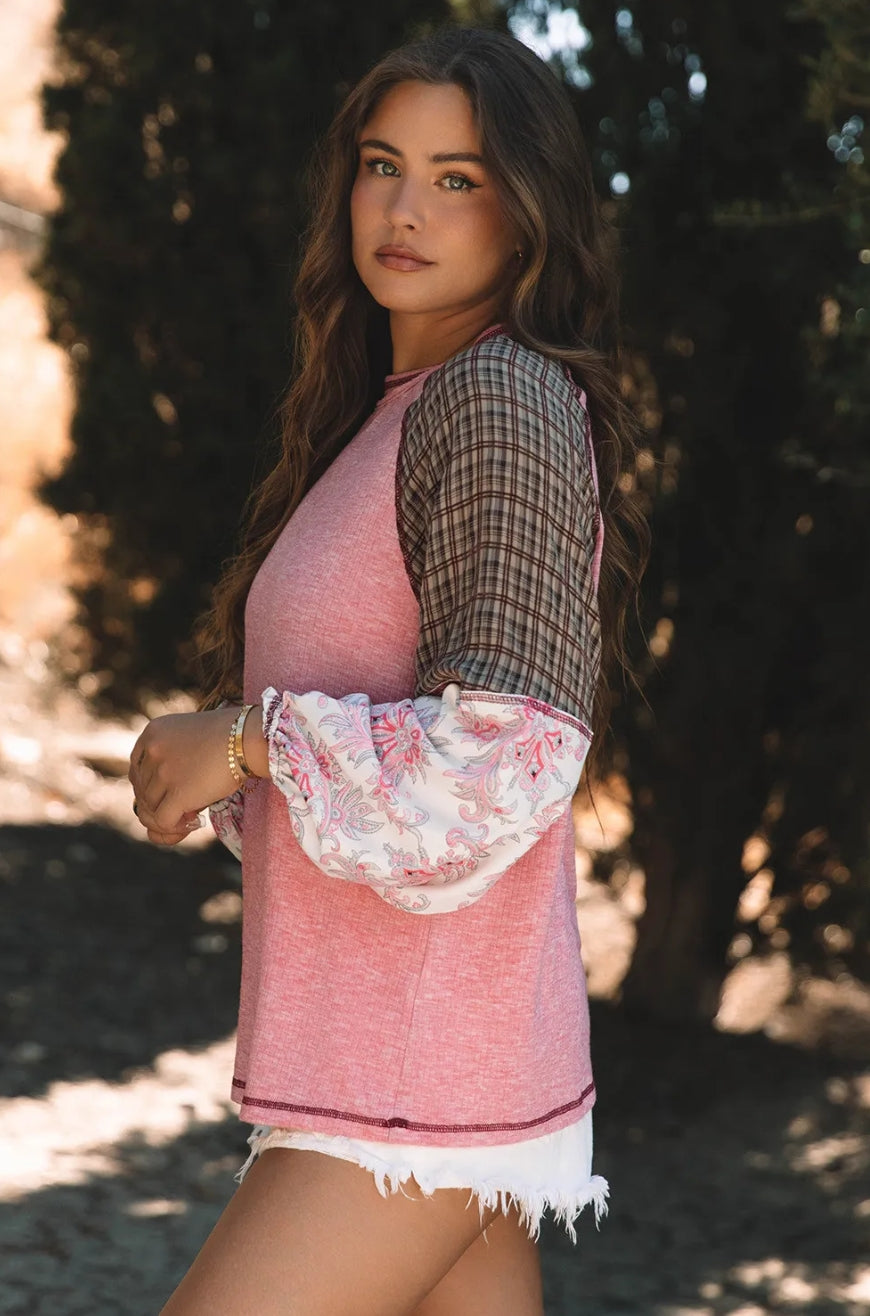 Fushia Mixed Print Raglan Sleeve Ribbed Knit Patchwork Blouse