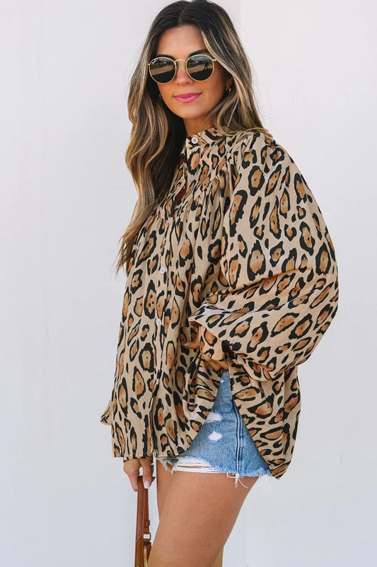 Light French Beige Oversized Leopard Print Balloon Sleeve Casual Shirt
