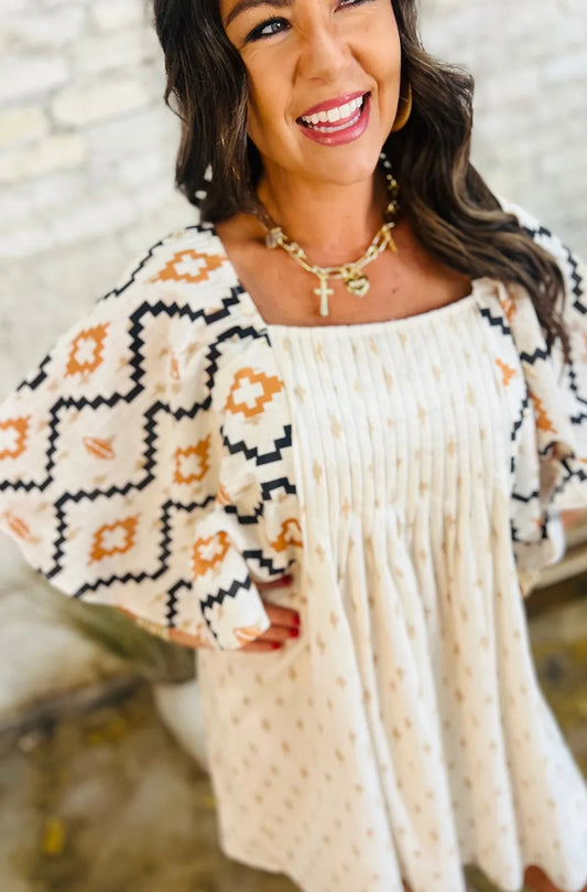 Beige Western Aztec Print Pleated Square Neck Loose Mini Dress