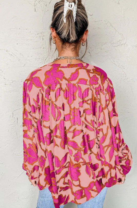 Pink Floral Print Batwing Sleeve Buttoned Loose Fit Shirt