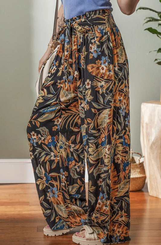 Multicolor Floral Shirred High Waist Wide Leg Pants with Tie