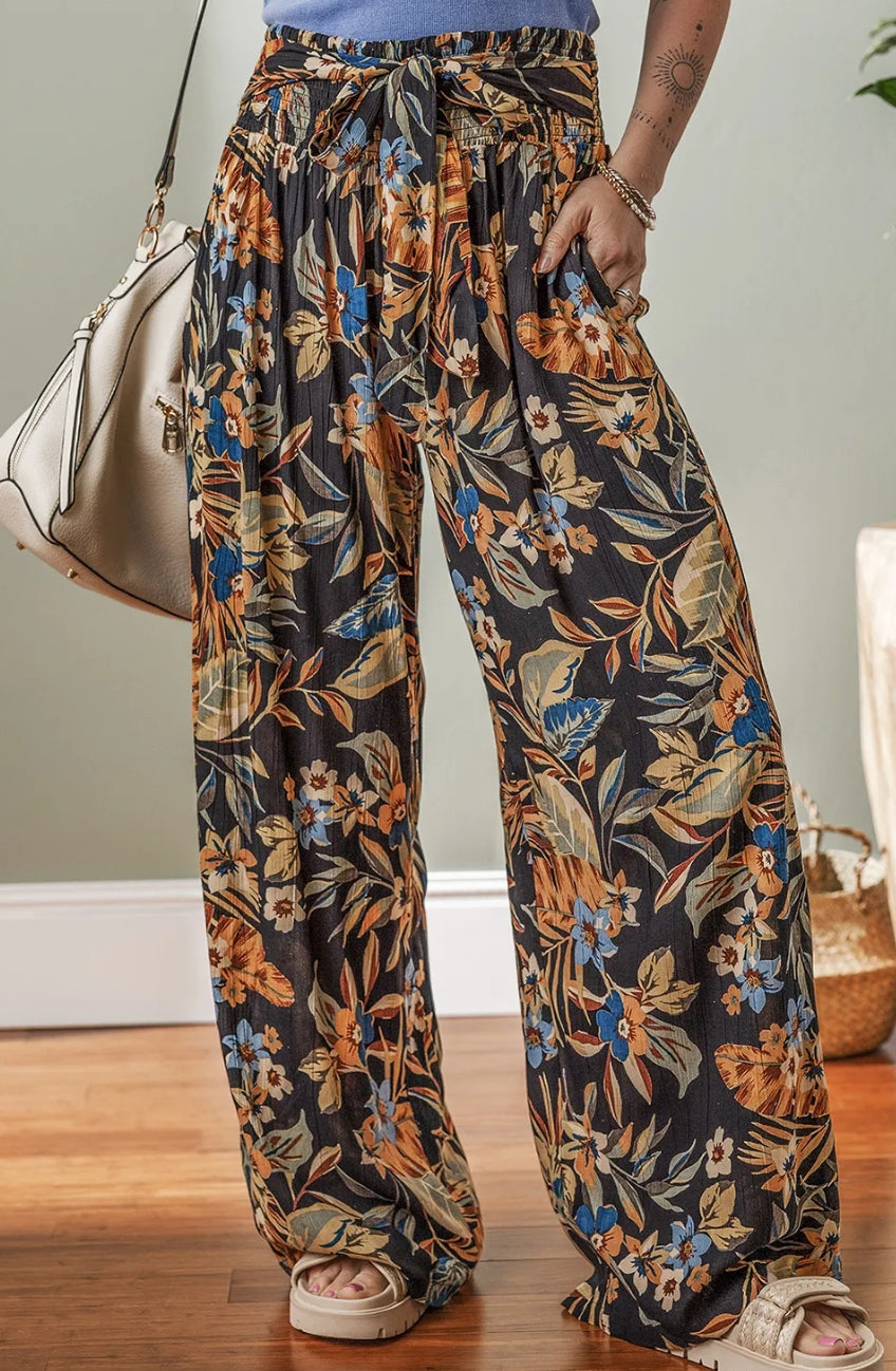 Multicolor Floral Shirred High Waist Wide Leg Pants with Tie