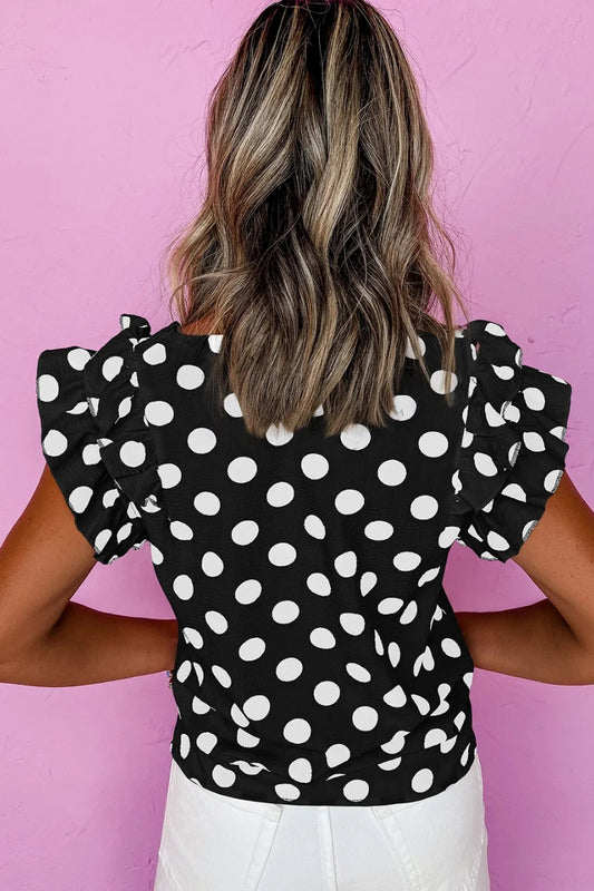 Black Polka Dot Print Ruffled Sleeve V Neck Blouse