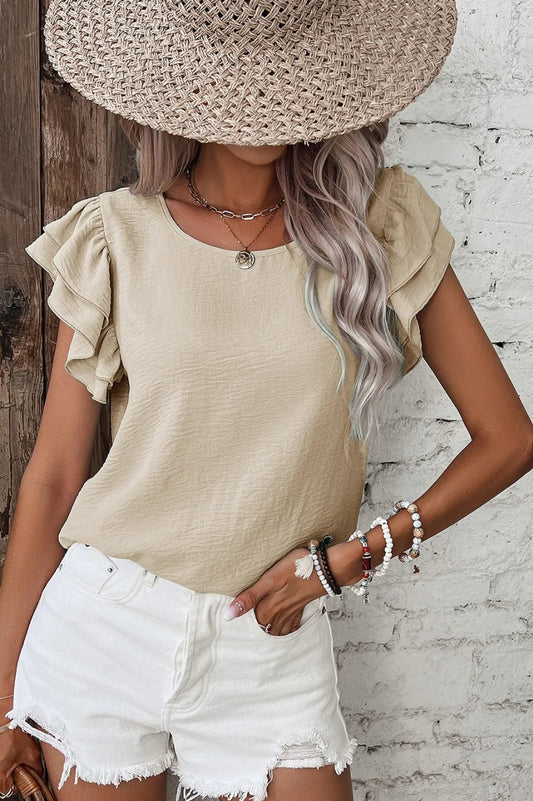 Beige Solid Color Ruffled Short Sleeve Casual Blouse