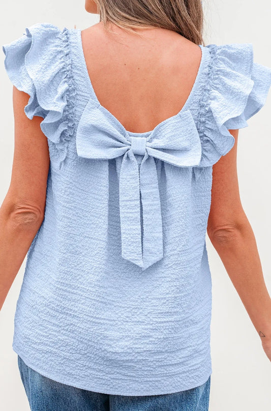 Beau Blue Textured Bow Knot Frilled Butterfly Sleeve Blouse