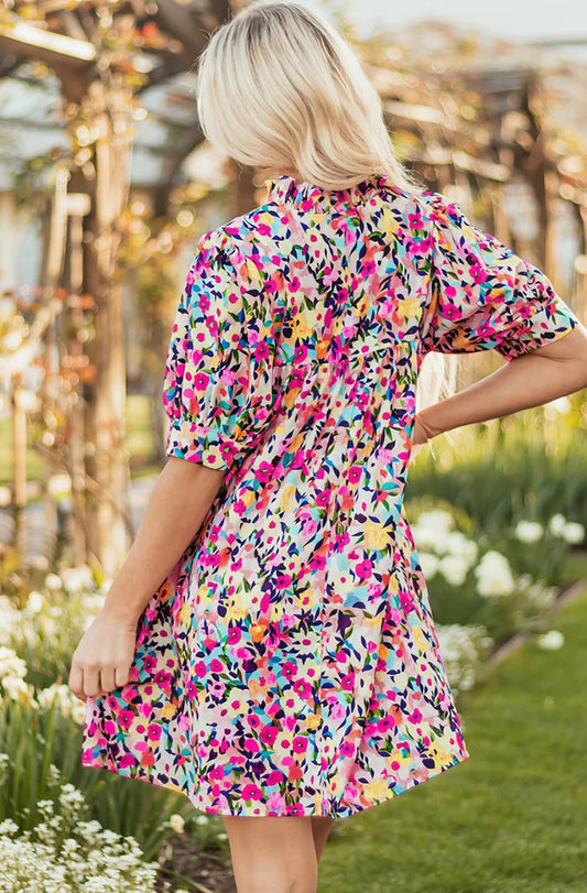 Pink Floral Puff Short Sleeve V Neck Mini Dress