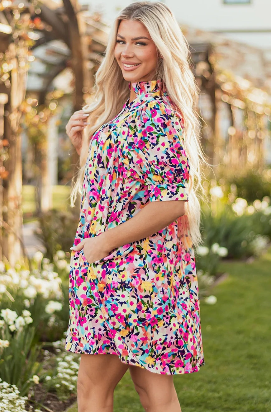 Pink Floral Puff Short Sleeve V Neck Mini Dress