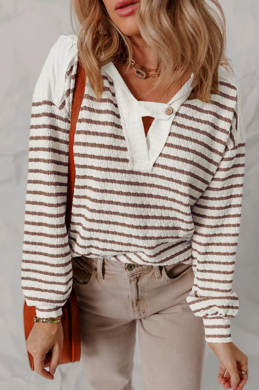 Khaki Stripe Textured Hooded V Neck Casual Long Sleeve Top