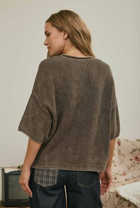 WASHED RIBBED SS CARDIGAN - BROWN