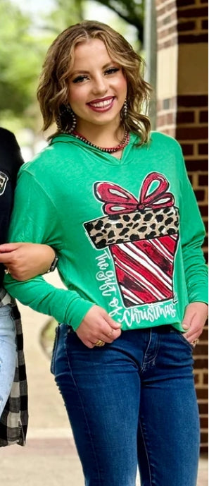 Candy cane present on Green LS shirt hoodie