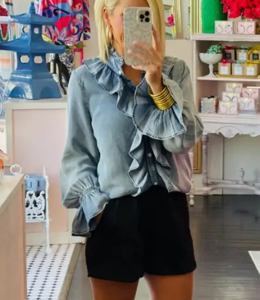 Cezele - Denim Ruffled Button Down LS Top