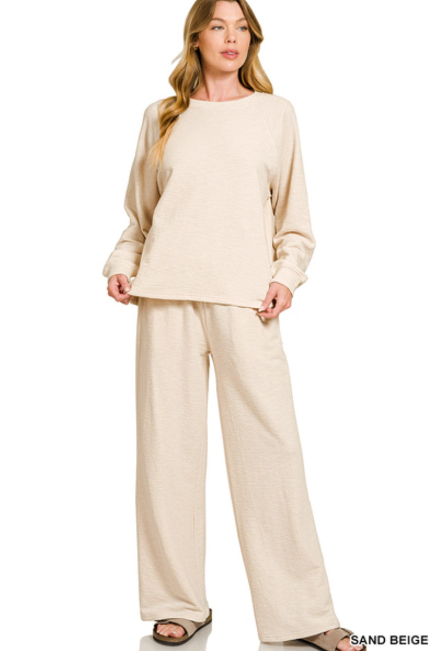 SLUB LONG SLEEVE TOP & PANTS SET - SAND BEIGE