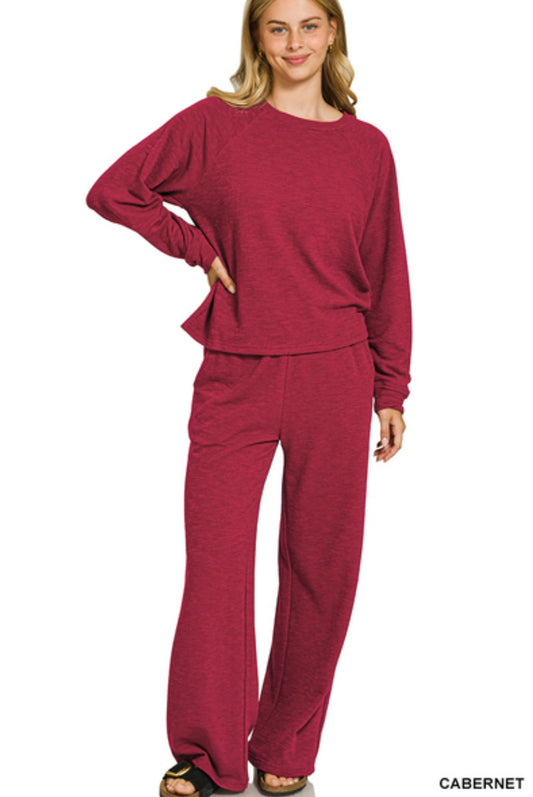 SLUB LONG SLEEVE TOP & PANTS SET - CABERNET
