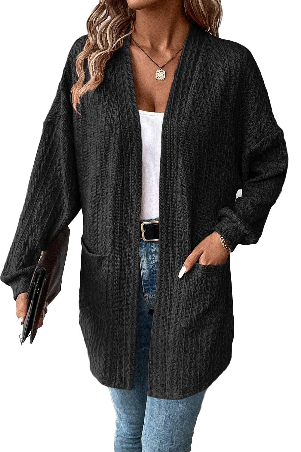 PRETTY BASH - Texture Knit Open Front Cardigan