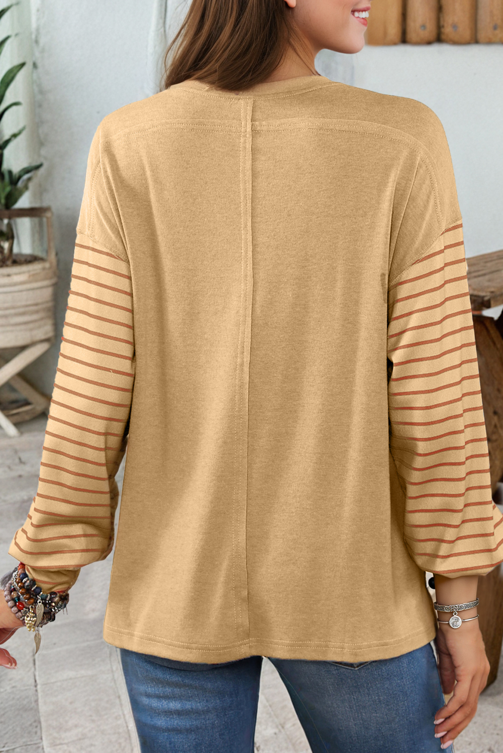 Colorblock Striped Bishop Sleeve Top