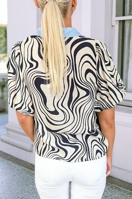 Zebra Stripe Print Contrast V-Neck Ricrac Detail Short