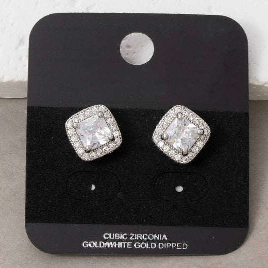 Gold Dipped Square Halo Cz Stud Earrings