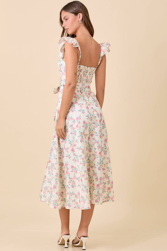 Floral Printed Ruffle Sleeve Midi Dress