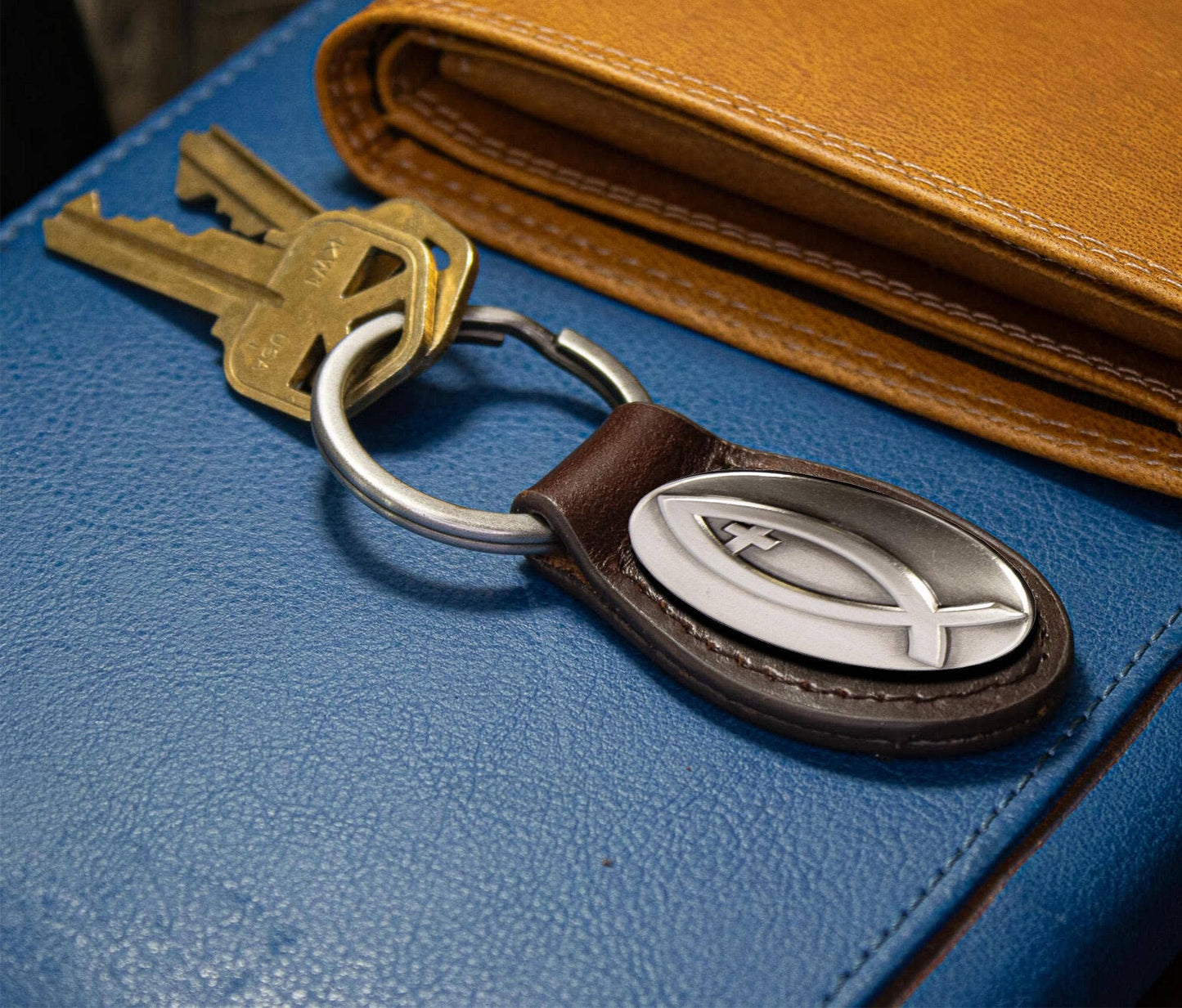 Jesus Fish Oval Leather Keychain