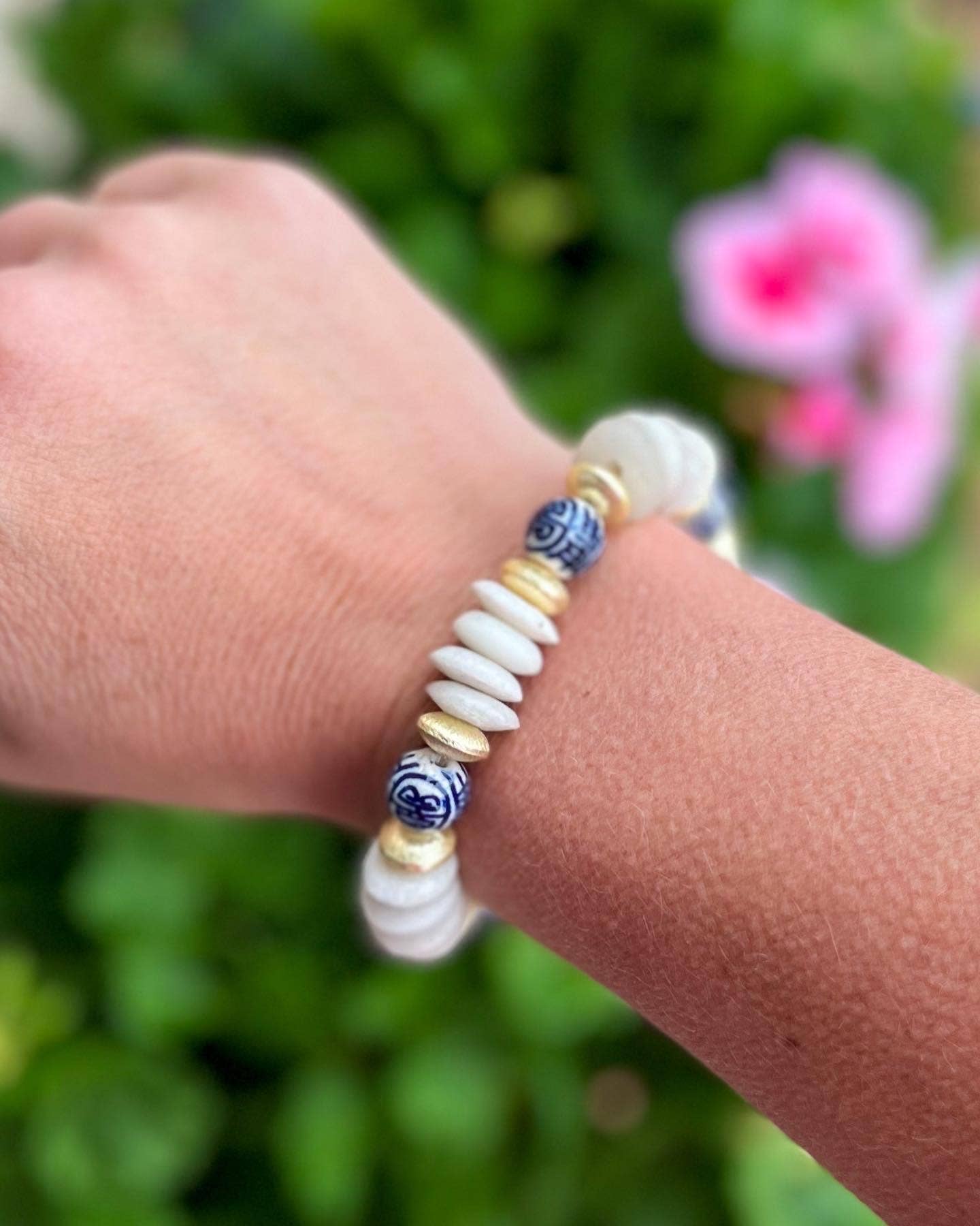 KyleLauren - Chunky White, Blue, and Gold Beaded Bracelet