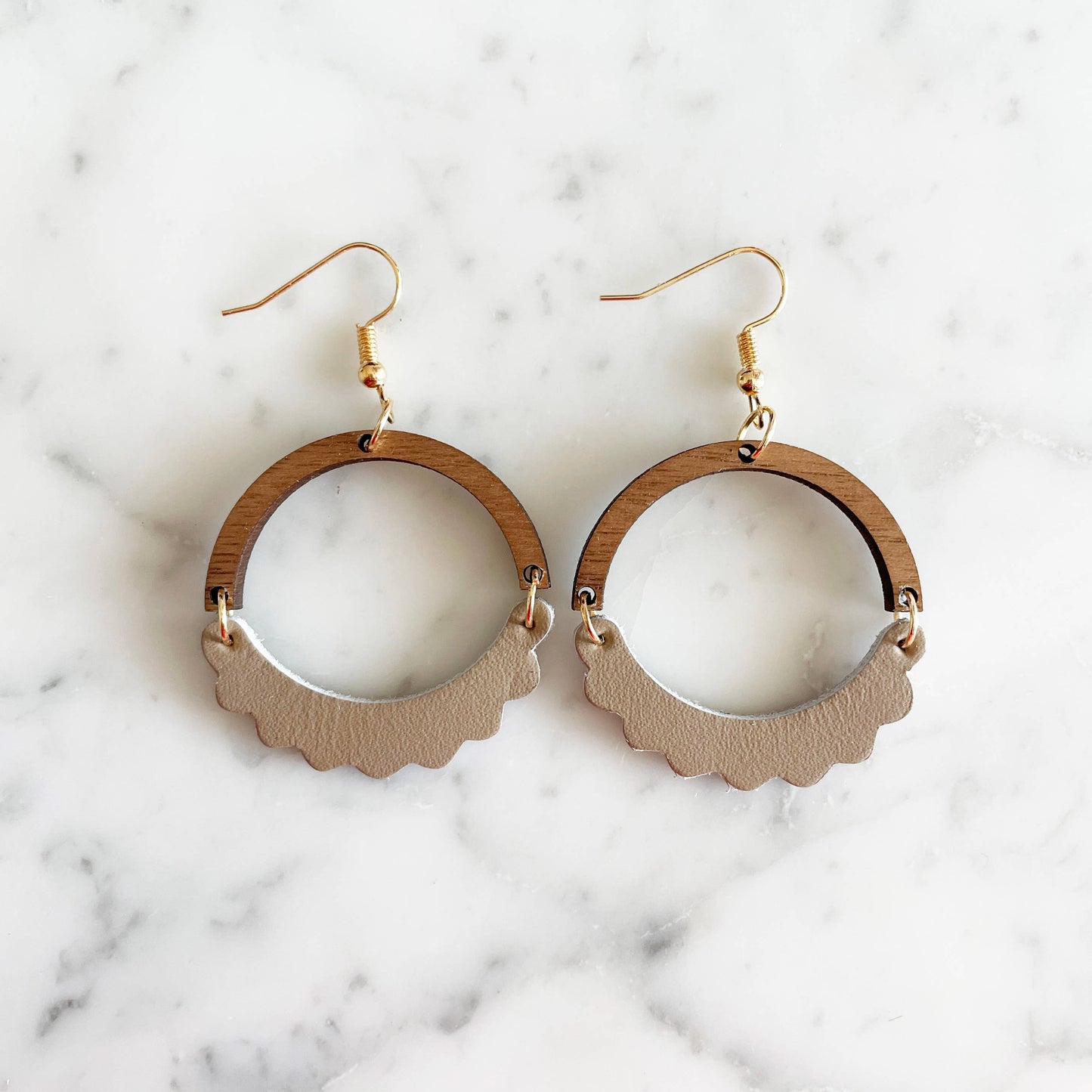 Le Marigny & Co - Genuine Leather and Wood Scallop Earrings - Taupe