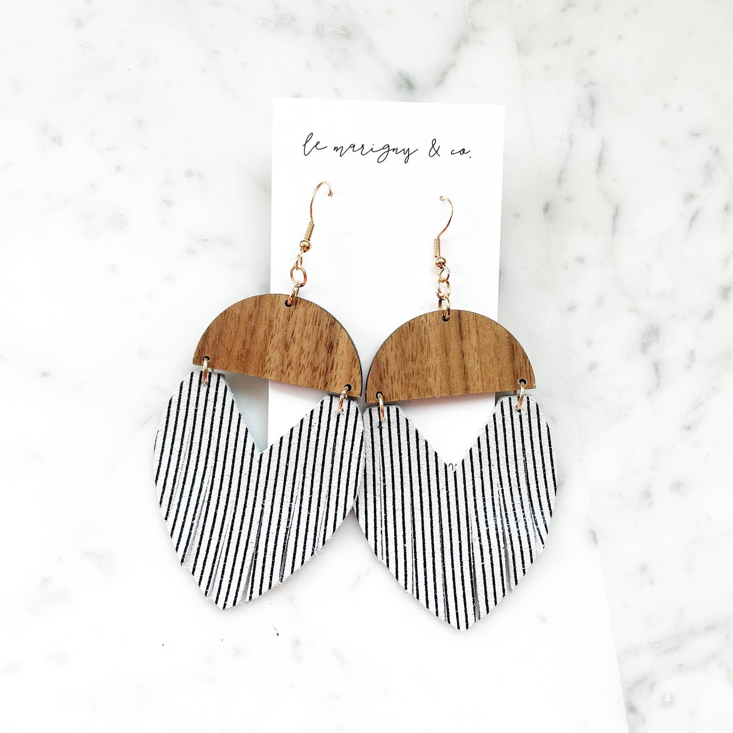 Le Marigny & Co - Fringe Suede and Wood Earrings - Black and White Stripe