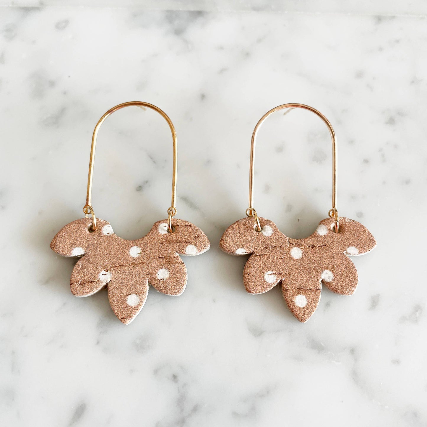Le Marigny & Co - Genuine Leather Petal Arch Earrings - Tan Polka Dots