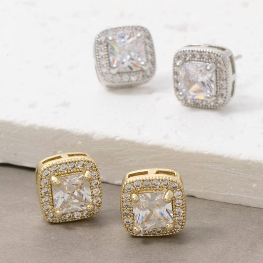 Gold Dipped Square Halo Cz Stud Earrings